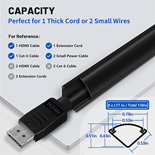 Image of 136in Corner Cable Concealer - One-Cord Corner Duct, Paintable Cord Cover, Cable Management Channel for Wall & Floor - 8 X L 17in, Black | 8 Pack (17 inch Each), Self-Adhesive Cable Concealer, Quarter Round Cable Management Raceway for Baseboards & Ceiling Corners