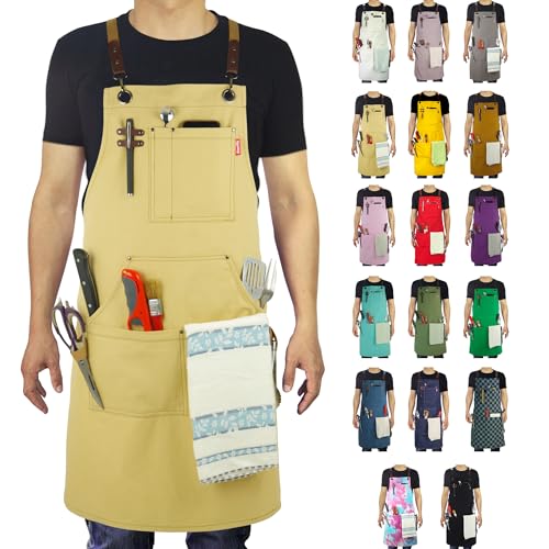 Stenffy Grembiule da cucina, grembiule da lavoro, tela, tasche multiple, giardinaggio, pittura, barbecue, artista, falegname, taglie da M a XXL, ambra
