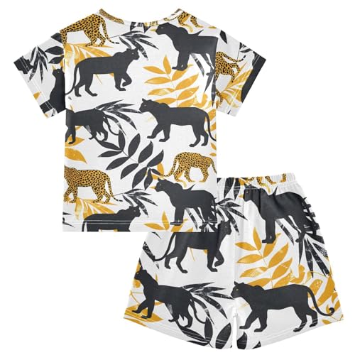 ALAZA Leopard Palm Leaf Tree Pajamas Short Sleeve 2 Piece Sleepwear Top and Bottom Pajama Set Unisex2