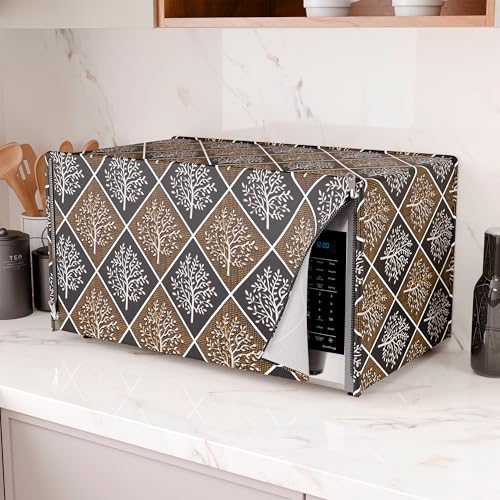 Image of Kuber Industries 25 Ltr PVC Microwave Oven Cover for Kitchen | Microwave /Oven /Otg Cover - Protects from Spills, Stains & Scratches | New Tree Print - Black & Brown