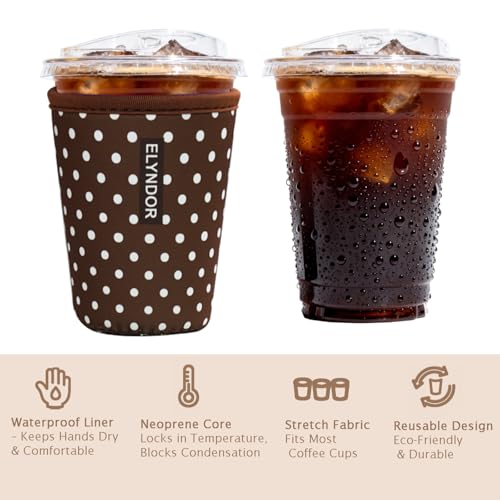 Image of Reusable Insulated Sleeve for Iced Coffee Cup, 3-Pack Coffee Neoprene Drink Sleeve for Cold & Hot Drinks, Beverage Holder for Iced Coffee (Brown Polka Dots)