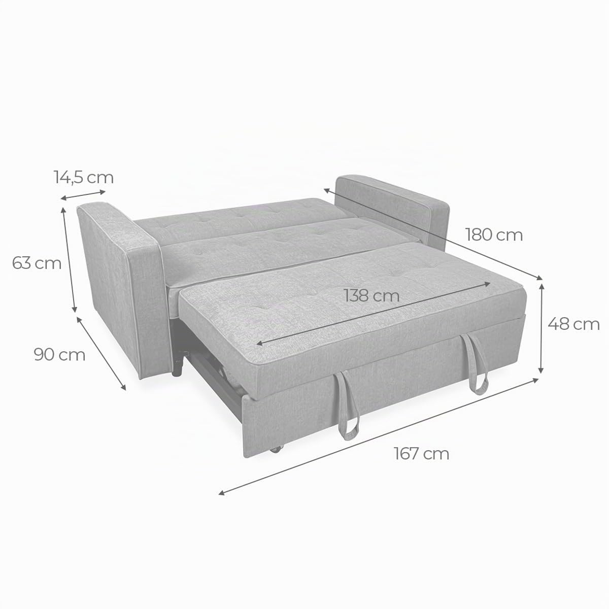 Somnia Descanso - Divano letto a 2 posti modello Volga, design moderno ed elegante | pratico e funzionale, con braccioli, grigio