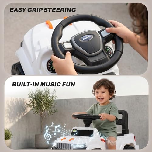 Image of Baybee Speedy Baby Ride on Car for Kids | Portable Kids Car with LED Lights, Music & Storage Basket | Push Toy Cars with High Backrest | Toddler Rideons Jeep for 1 to 3 Years Boys Girls (White)