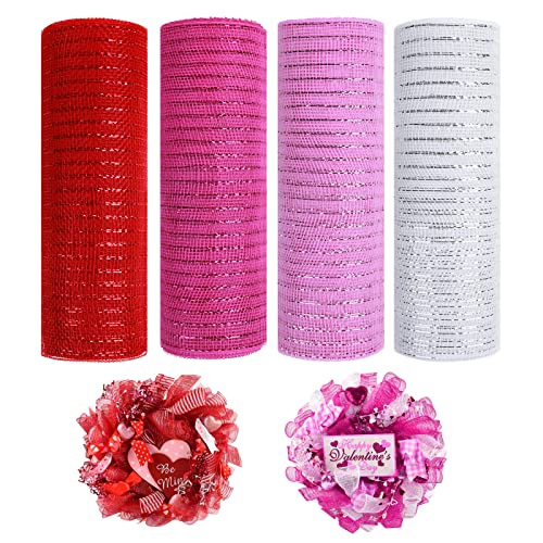 4 Rolls Deco Mesh Ribbon, 10 Inch x 30 Feet Each Roll Metallic Foil Burlap Ribbon for Wreaths St. Patrick's Day Easter Christmas Party Decorations DIY Crafts Supplies