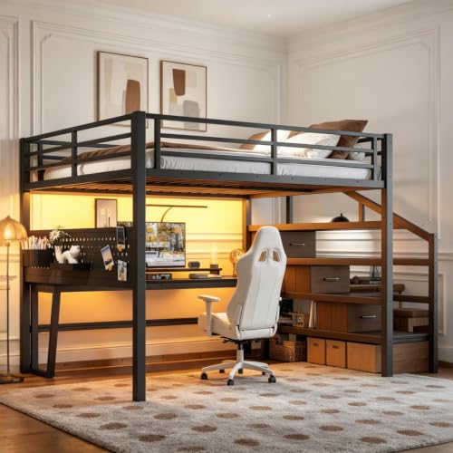 Image of Bellemave Queen loft Bed with Movable Desk and Storage Stairs, Shelves, Metal Loft Beds with LED Lights, USB Ports, Multifunctional Iron Nets for Adults, Kids, Teens, Black