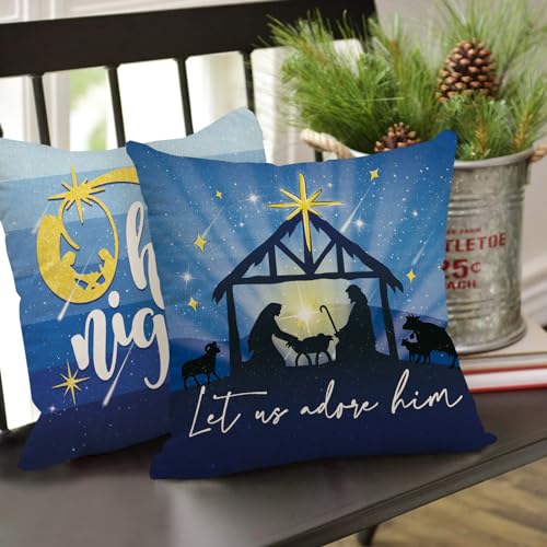Fahrendom USFAPC0581 Christmas O Holy Night Decorative Throw Pillow Covers 18X18 Set Of 4, Religious Xmas Jesus Nativity Navy Blue Outdoor Pillowcase thumb #4