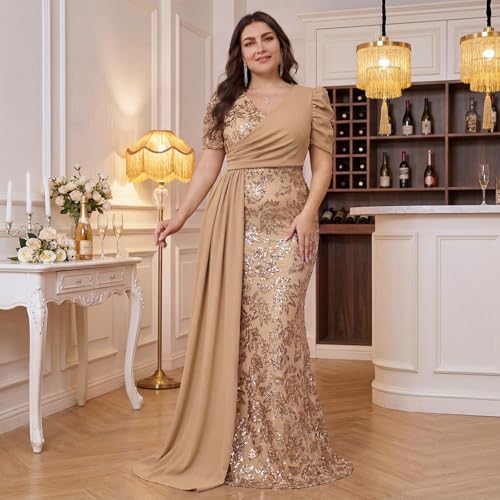 Image of Elegant Women's Formal Dress Wedding Guest Puff Sleeve Mermaid Ball Gowns Court Train Plus Size Sequin Long Dresses