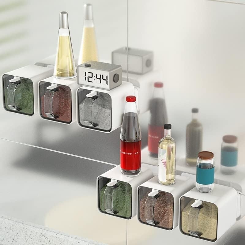Gewürzspender, Gewürzbox, 3-in-1-Gewürzbox-Set for die Küche, Löffel, Salz, Zuckerdose, Vorratsbehälter, Gewürzgläser, Regal, an der Wand hängende Gewürztöpfe, einfach