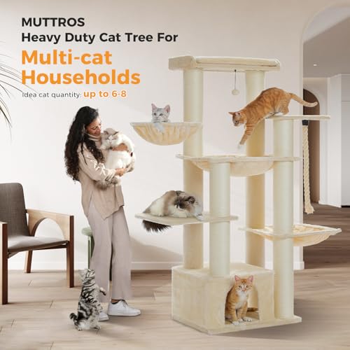 Image of MUTTROS Heavy Duty Cat Tree-67 Tall Cat Tower for Indoor Cats Large Adult with 7 Thick Sisal Scratching Posts (φ4.3), Multi-Level Condo, Big Perch & Hammocks for Maine Coon 20 lbs -Beige