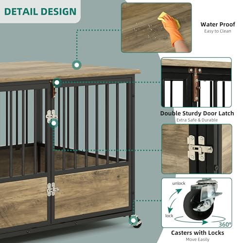 YITAHOME-43-Dog-Crate-Furniture-with-Wheels-Heavy-Duty-Wood-Dog-Cage-Table-with-Double-Doors-Chew-Resistant-Wooden-Dog-Kennel-Indoor-for-Large-and-Medium-Dogs-Greige YITAHOME 43 Dog Crate Furniture with Wheels Heavy Duty Wood Dog Cage Table with Double Doors Chew Resistant Wooden Dog Kennel Indoor for Large and Medium Dogs Greige