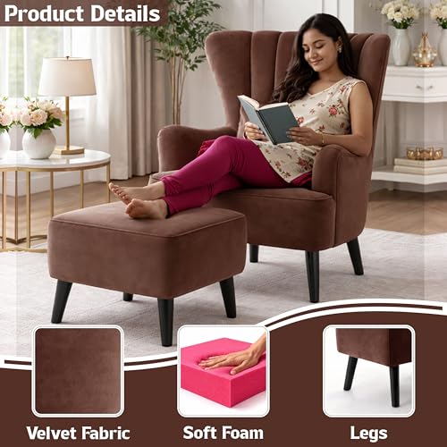 Image of Modern Velvet Wingback Accent Chair with Ottoman & Cushion for Living Room | Premium Upholstered Lounge Chair with Footrest |Brown