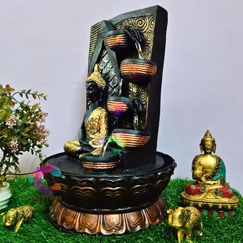 Image of Decorative Water Fountain for Home Decor, Office, Indoor & Outdoor, Garden, Puja Room, Vaastu, Reception, Spa, Gifting. (C-067, 4 Diya Meditating Buddha)