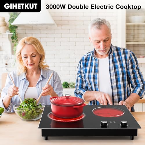 Image of GIHETKUT Electric Cooktop,1110V 2100W 2 Burner stove,Built-in & Countertop Stove Top with10 Heating Level, Timer & Kid Safety Lock, LED Knob Touch Control 2 Burner Electric Cooktop
