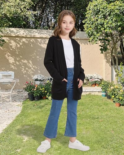 Image of WULFUL Girls Long Sleeve Cardigan Kids Casual Open Front Oversized Sweater with Pockets