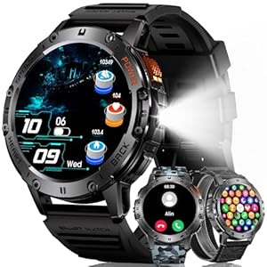 Smartwatch Herren Fitness Uhren: LED Taschenlampe Wasserdicht IP68 Sport Fitnessuhr – Tracker Blutdruck Schrittzähler Pulsmesser Smart Watch Männer Kompatibel Android iOS