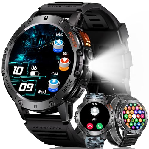 Smartwatch Herren Fitness Uhren: LED Taschenlampe Wasserdicht IP68 Sport Fitnessuhr - Tracker Blutdruck Schrittzähler Pulsmesser Smart Watch Männer Kompatibel Android iOS