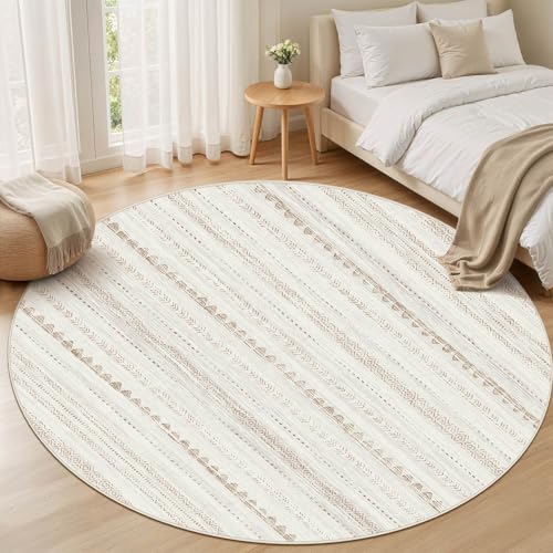 Nakagishi Round Rug Boho Area Rugs: 8x8 Washable Large Circle Neutral Soft Stain Resistant Non-Slip Carpet for Women Aged 25-45 Farmhouse Decor Enthusiasts - Living Room Bedroom Dining Room Nursery
