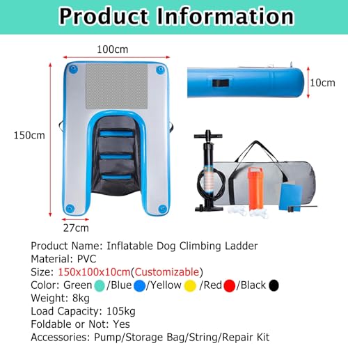 Reusable Dog Pool Ramp Small, Collapsible Float Dog Water Ramp 150cm, Load 105kg, PVC Inflatable Pet Dock Platform Waterproof with Pump/Rope/Repair Kit, EVA Pad(Black)