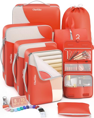 8 Set Packing Cubes for Travel, Gifts for Women Mom,Anti-Tearing Suitcase Organizer for Luggage with Shoe & Hanging Toiletry Bag,OlarHike Vacation Essentials & Accessories for Cruise Ship,Orange