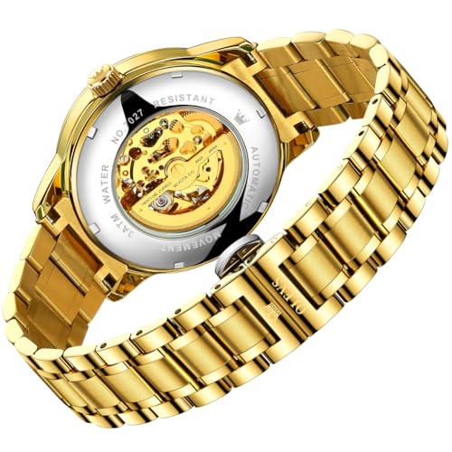 Image of OLEVS Dragon Skeleton Mens Automatic Watch 42MM Large Dial Gold Luxury Self-Winding Diamond Waterproof Stainless Steel Business Tourbillon Mechanical Watches
