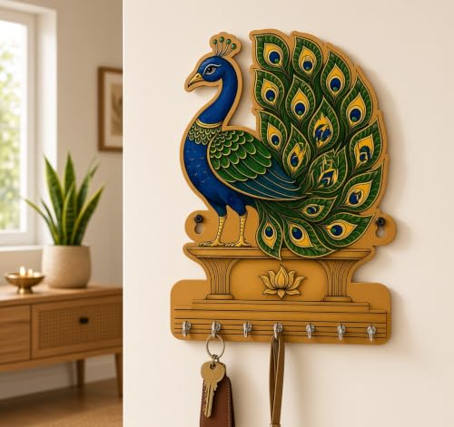 Wooden Peacock Key Holder for Wall