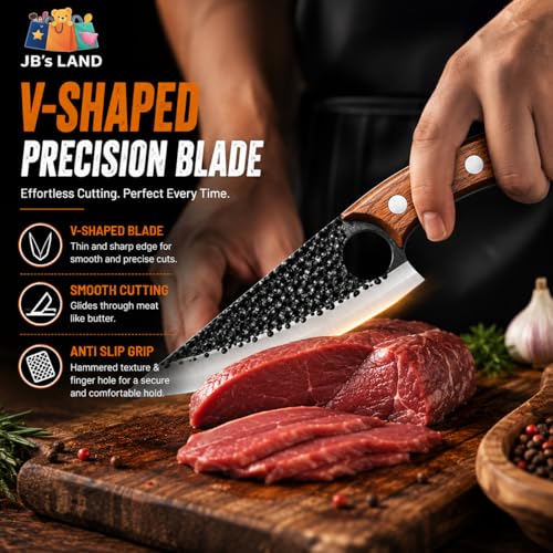 Image of JB'S LAND Hand Forged Chef Knife 8 Inch | Razor Sharp High Carbon Stainless Steel Kitchen & Butcher Knife with Full Tang Wooden Handle, Leather Sheath for Meat, Fish, Vegetable & BBQ Cutting