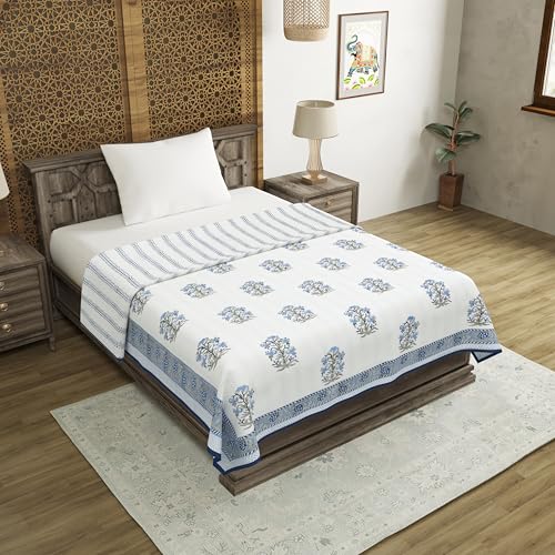 BLOCKS OF INDIA Hand Block Printed Cotton Single Size Reversible Malmal Dohar for Summer (Blue Lily LINE)