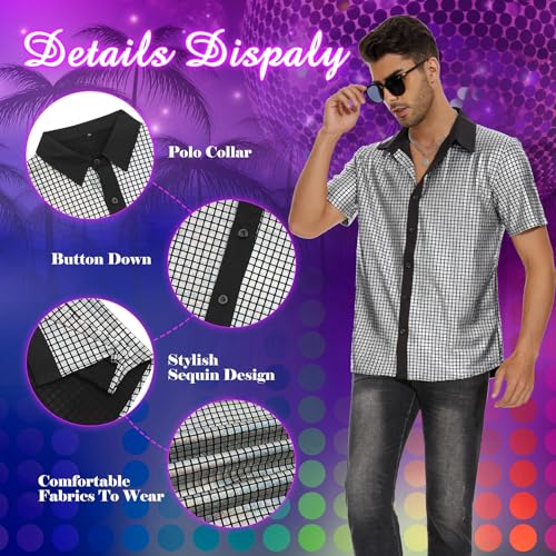 Image of Zando Men's Sequin 70s 80s Disco Shirt - Retro Short Sleeve Button Up Costume Halloween New Year Party Outfit Top & Clubwear