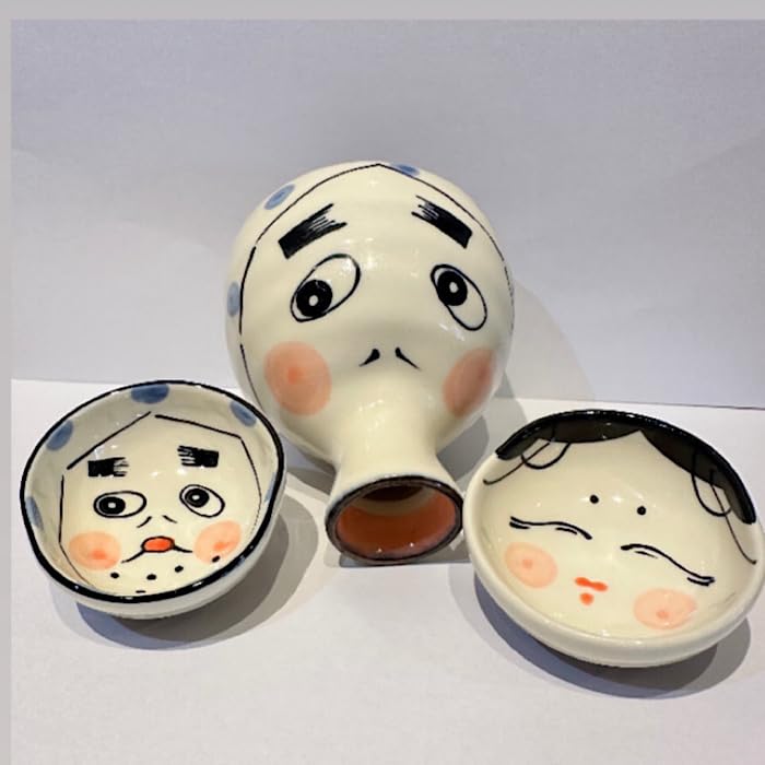 Hyottoko Bird Sake Set Tokkuri Bottle and Cups White Ceramic 12oz Japanese