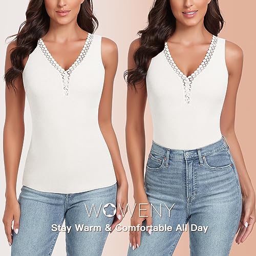 WOWENY Sleeveless Thermal Fleece Tank Top for Women V Neck Lace Camisole Warm Base Layer Cami Vest Underwear Tops3