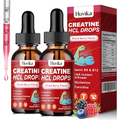 Hovika Creatine HCL Liquid Drops for Men & Women Creatine Hydrochloride with L-Carnitine L-Glutamine BCAA Vitamin B12 & B6 for Muscle Growth & Recovery-Vegan Mixed Berry Flavor Flavor 4 Fl Oz