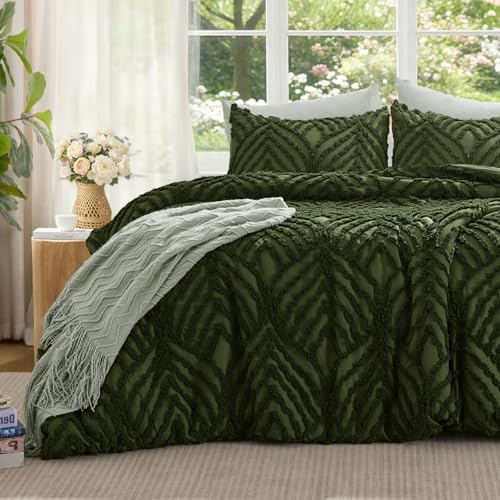 Image of BEDELITE Boho Comforter Set King - Tufted Boho Bedding Set, Green | Soft & Lightweight Comforter for All Seasons, Jacquard Farmhouse Bedding with 2 Pillowcases