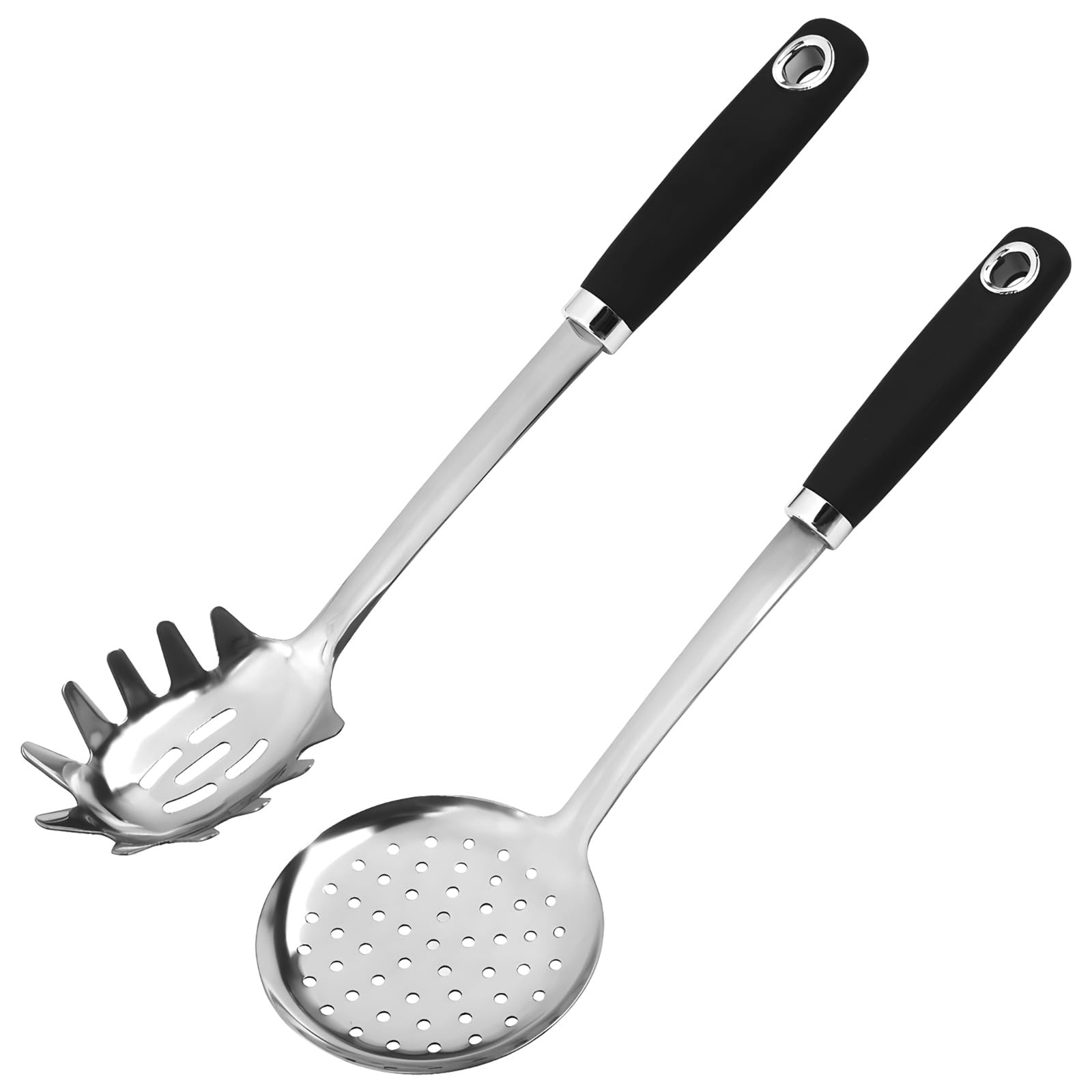Lot de 2 cuillères à pâtes en acier inoxydable, écumoirs à spaghetti à tête ronde, poignée ergonomique antidérapante avec manche isolé, outils de cuisine pratiques pour égoutter les aliments et servir