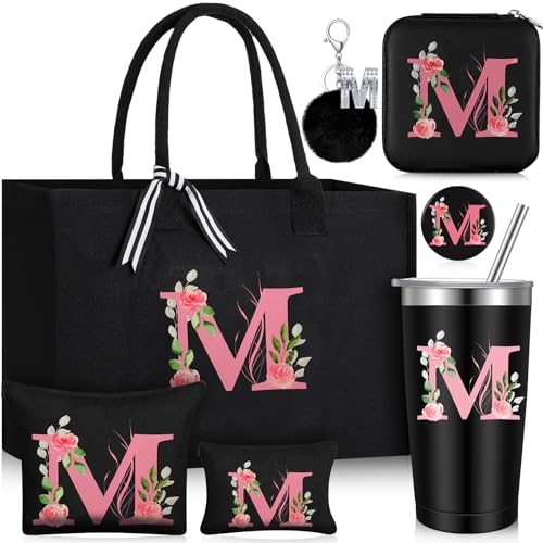 Initial Canvas Tote Bag for Women Makeup Bag Monogram Initial Tumbler Birthday Gift for Bridesmaid Women Wife Teacher(Letter M)