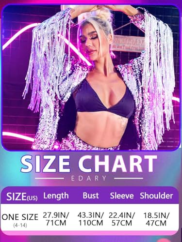 EVILD Women’s Sequin Fringe Jacket Pink Sparkly Blazer Jackets Glitter Tassel Outfits4