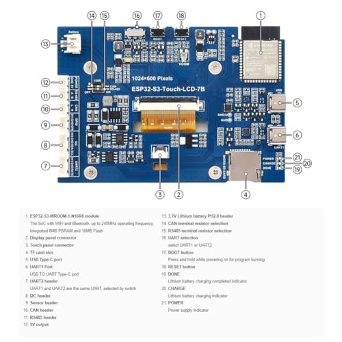 ESP32-S3 boîte d'affichage 7 pouces Type B module programmable IoT 1024x600 LX7 - 5