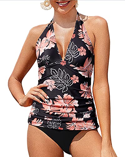 Image of Yonique Womens Two Piece Swimsuits Tummy Control Tankini Plus Size Bathing Suit Halter V Neck Swimwear