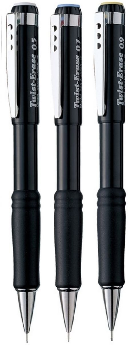 Pentel Assorted Size Pack Twist Erase Automatic Pencil Mechanical Drafting Pencil Lead Black Barrel Refillable QE515 (1 Of Each Size - 3 Pens - 0.5mm, 0.7mm, 0.9mm)