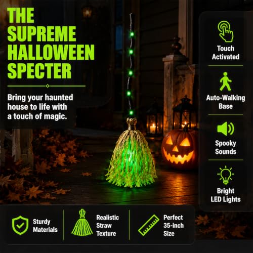 35" Animated Witch Broom Halloween Decor Sound Touch Activated LED Light Up - image 2