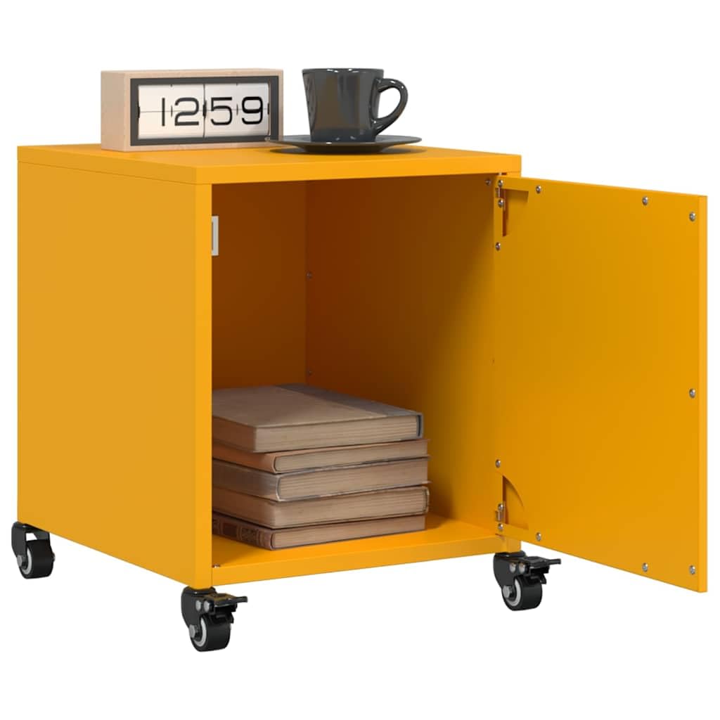 Mesitas de noche 2 piezas amarillo mostaza de acero laminado en frío 36 x 39 x 43,5 cm, con ruedas, puerta y manija, mesita de noche para dormitorio, salón, pasillo, espacios pequeños