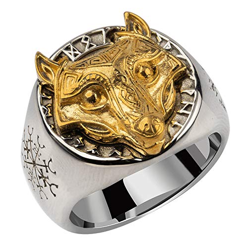 Anillo Cabeza de Lobo Fenrir rúnico Vikingo nórdico de Acero Inoxidable Titanio Bicolor para Hombres Mujeres,Talla 14-30