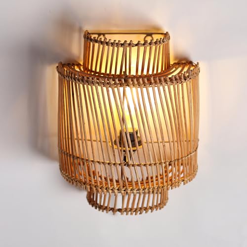 Image of Habere India-All the Cultures Fabricating India Wall Mount Lamps for Bedroom | Bedroom Lights for Wall | Lamp for Living Room | Rattan Lamp - (M: 30 * 25 * 14 cm)