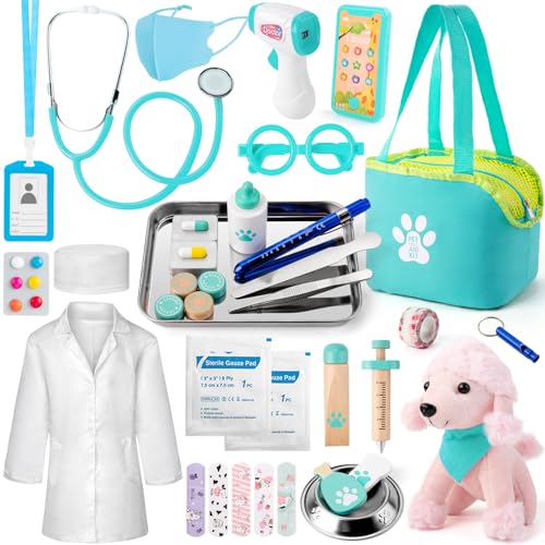 Sundaymot Malette Docteur Enfant, Veterinaire Enfant avec Peluche Chien, stéthoscope factice, thermomètre, Blouse de médecin et Sac de médecin Portable, Adapté...