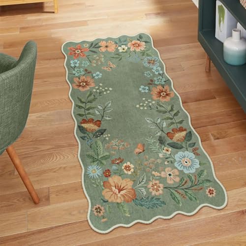 Lahome Floral Rugs for Entryway 2x4 Washable Kitchen Rugs Ultra-Thin Soft Rug Non Slip Indoor Door Mat Stain Resistant Boho Small Throw Carpet for Bathroom Bedroom Flore (2x4ft Green)