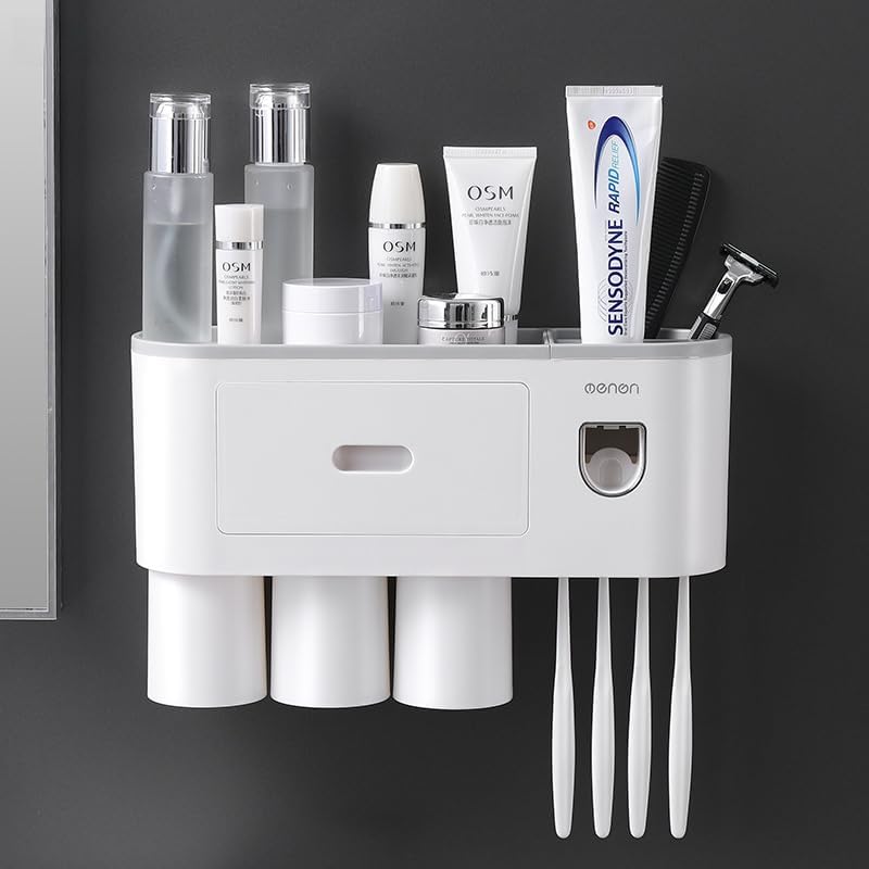 Toothbrush Holder with Automatic Toothpaste Squeezer, Wall-Mounted Bathroom Organizer