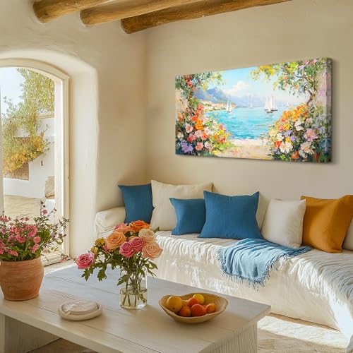 crmotu Coastal Wall Art, Flower Pictures Wall Decor, Large Landscape Wall Art, Ocean Sailboat Artwork for Walls, Seaside Canvas Painting for Living Room Bedroom Modern Office Art Prints 24x48inch