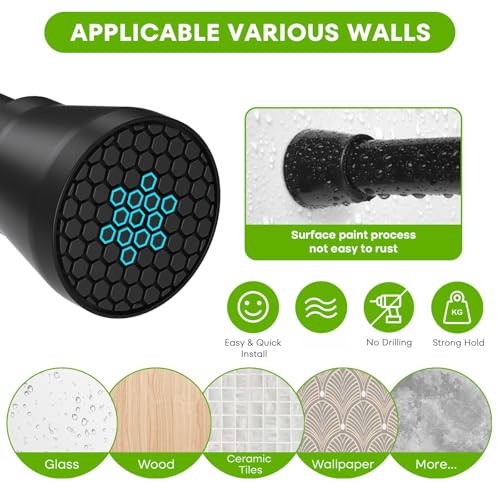Image of Tension Curtain Rod 30 to 64 inch Adjustable Curtain Rod No Drilling Black Shower Expandable Spring Tension Rod Pressure Spring Curtain Rods for Windows