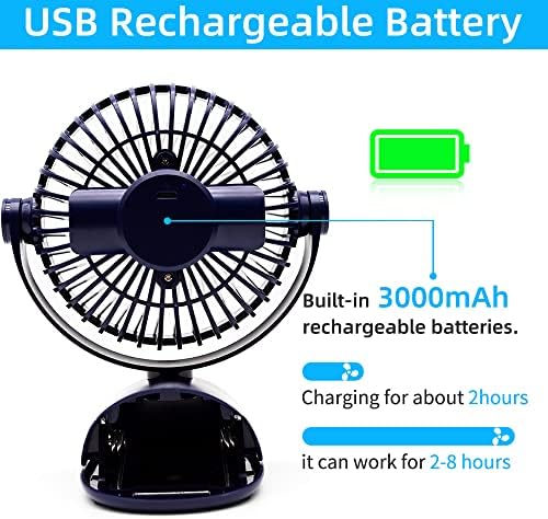 Desk Fan Clip On Fan, USB Fan 3000mAh Rechargeable with 4 Speed Adjustable, Mini Stroller Fan Silent, Portable Table Fans 360° Rotation Desktop Fan for Baby Stroller, Bedroom, Office, Camping (Blue)