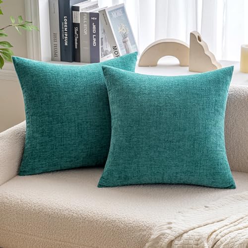 Image of MIULEE Pack of 2 Couch Throw Pillow Covers 26x26 Inch Soft Teal Chenille Pillow Covers for Sofa Living Room Solid Dyed Pillow Cases