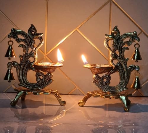 Image of Saudeep India Oxidized Metal Diya for Puja | Peacock Design Oil Diwali Lamp | Antique Akhand Diya for Temple, Home Decor, Pooja Room, Festivals (Gold, 14x9x20cm) (Pack of 2)